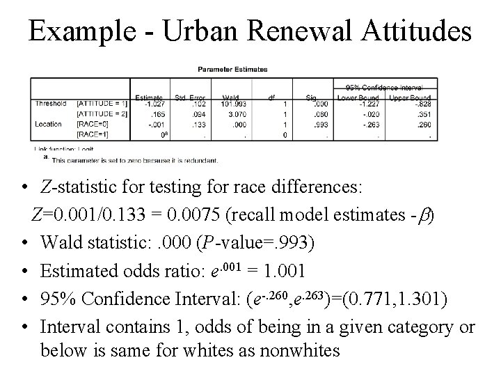 Example - Urban Renewal Attitudes • Z-statistic for testing for race differences: Z=0. 001/0. Example - Urban Renewal Attitudes • Z-statistic for testing for race differences: Z=0. 001/0.