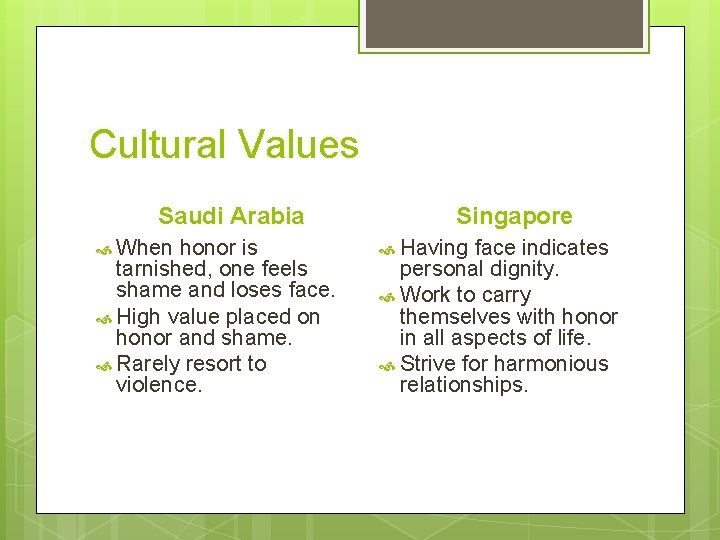 Cultural Values Saudi Arabia When honor is tarnished, one feels shame and loses face.