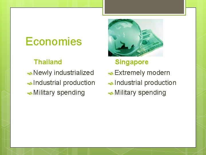 Economies Thailand Newly industrialized Industrial production Military spending Singapore Extremely modern Industrial production Military