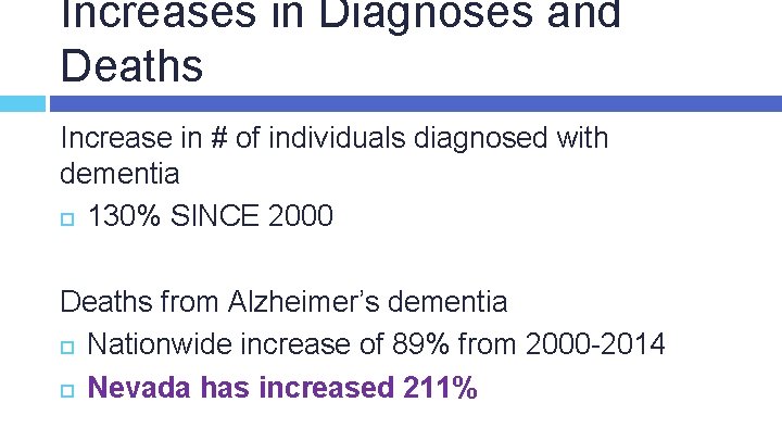 Increases in Diagnoses and Deaths Increase in # of individuals diagnosed with dementia 130%