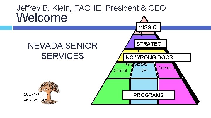 Jeffrey B. Klein, FACHE, President & CEO Welcome NEVADA SENIOR SERVICES MISSIO N STRATEG