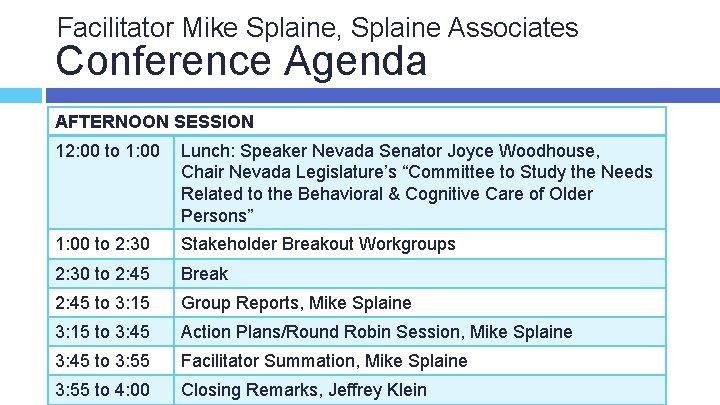 Facilitator Mike Splaine, Splaine Associates Conference Agenda AFTERNOON SESSION 12: 00 to 1: 00