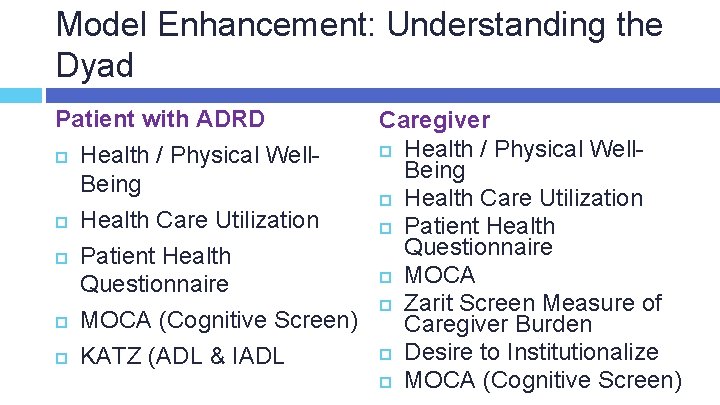 Model Enhancement: Understanding the Dyad Patient with ADRD Caregiver Health / Physical Well. Being