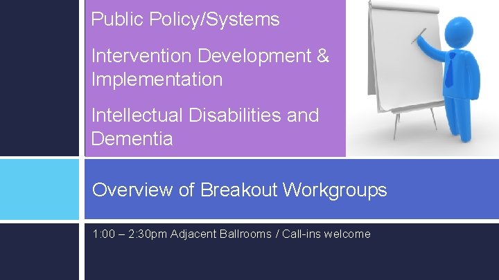 Public Policy/Systems Intervention Development & Implementation Intellectual Disabilities and Dementia Overview of Breakout Workgroups