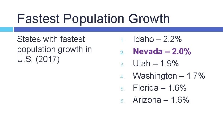Fastest Population Growth States with fastest population growth in U. S. (2017) 1. 2.