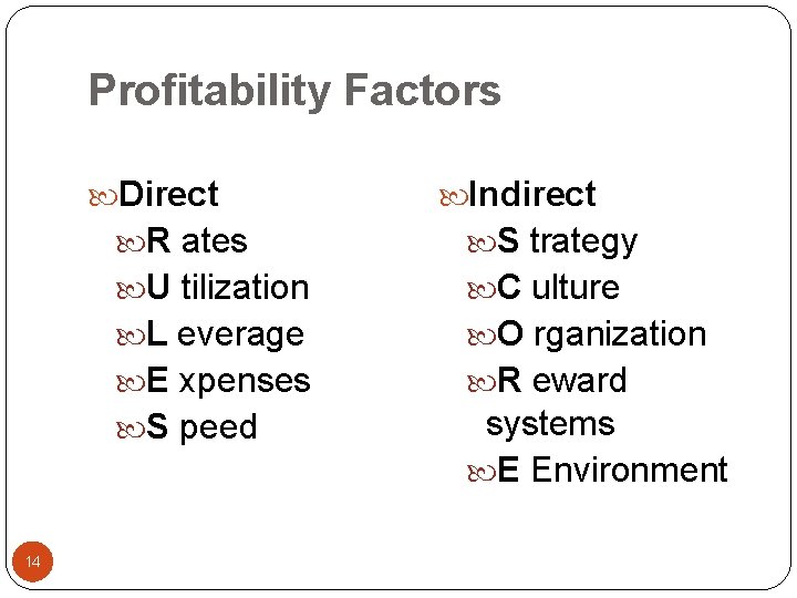 Profitability Factors Direct 14 Indirect R ates S trategy U tilization C ulture L