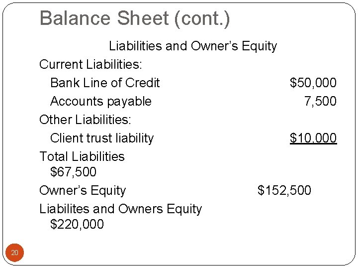 Balance Sheet (cont. ) Liabilities and Owner’s Equity Current Liabilities: Bank Line of Credit