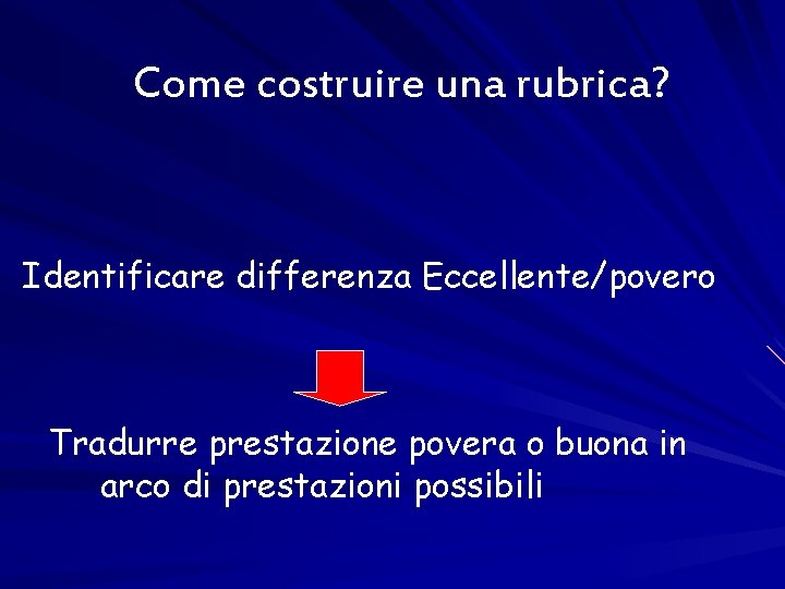 Come costruire una rubrica? Identificare differenza Eccellente/povero Tradurre prestazione povera o buona in arco