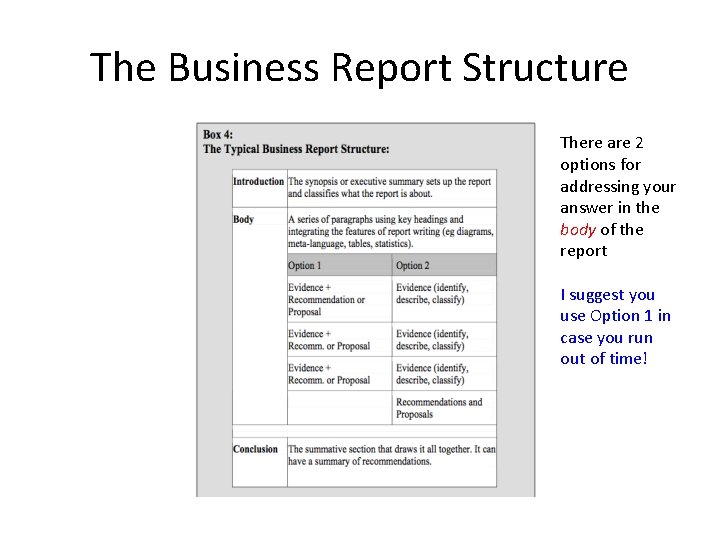 The Business Report Structure There are 2 options for addressing your answer in the