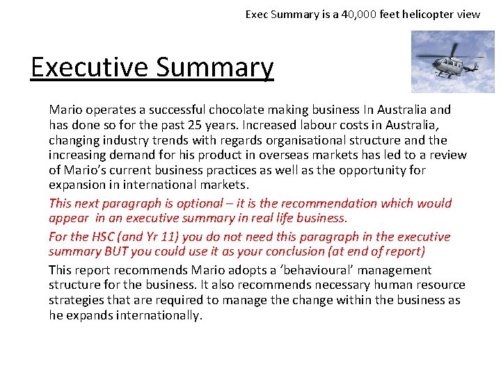 Exec Summary is a 40, 000 feet helicopter view Executive Summary Mario operates a