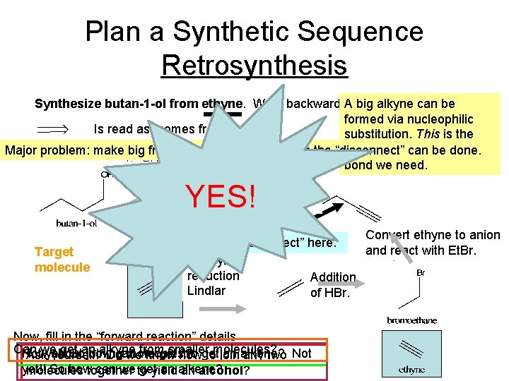 Plan a Synthetic Sequence Retrosynthesis Synthesize butan-1 -ol from ethyne. Work backward from A