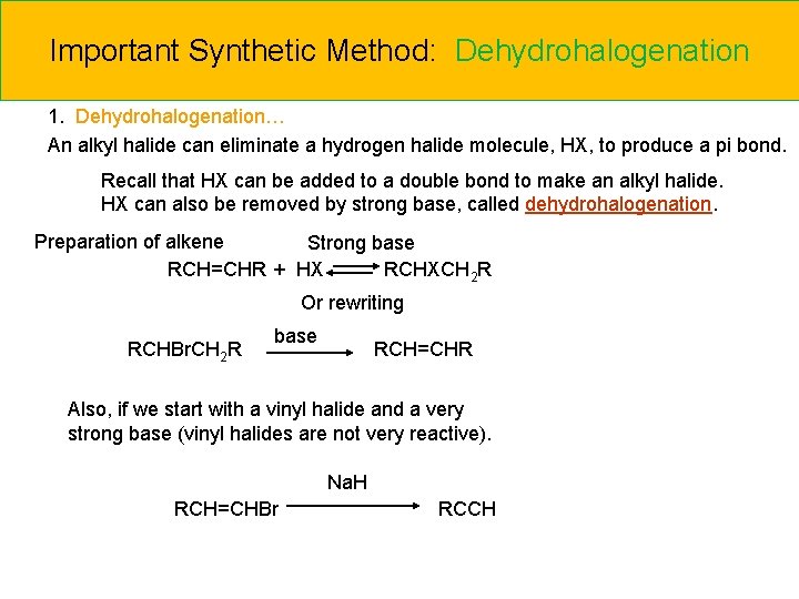 Important Synthetic Method: Dehydrohalogenation 1. Dehydrohalogenation… An alkyl halide can eliminate a hydrogen halide