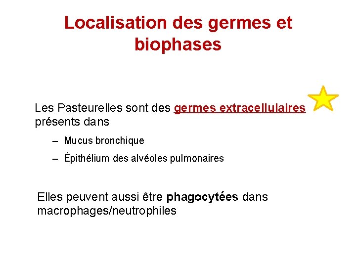 Localisation des germes et biophases Les Pasteurelles sont des germes extracellulaires présents dans –