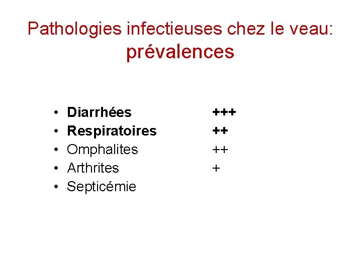 Pathologies infectieuses chez le veau: prévalences • • • Diarrhées Respiratoires Omphalites Arthrites Septicémie