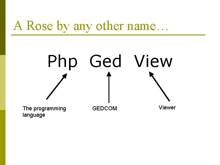 A Rose by any other name… Php Ged View The programming language GEDCOM Viewer