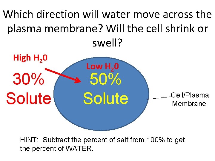 Which direction will water move across the plasma membrane? Will the cell shrink or