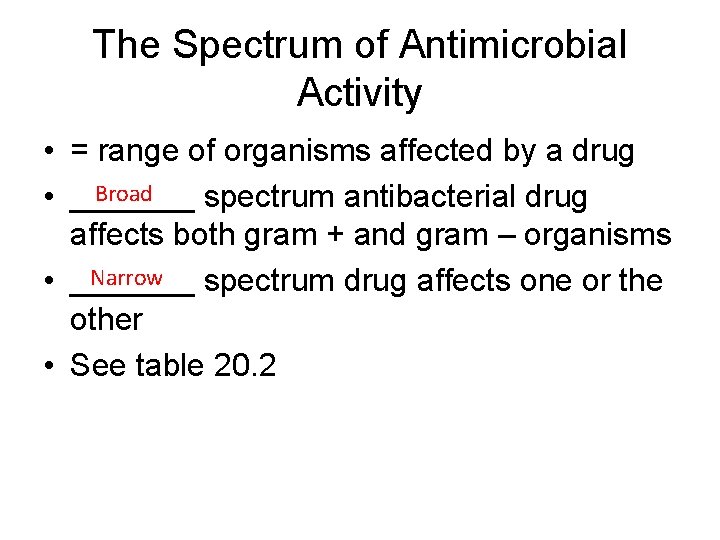 The Spectrum of Antimicrobial Activity • = range of organisms affected by a drug
