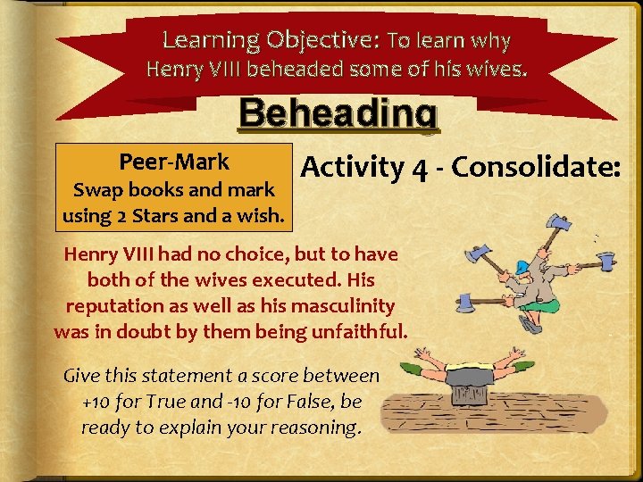 Learning Objective: To learn why Henry VIII beheaded some of his wives. Beheading Peer-Mark