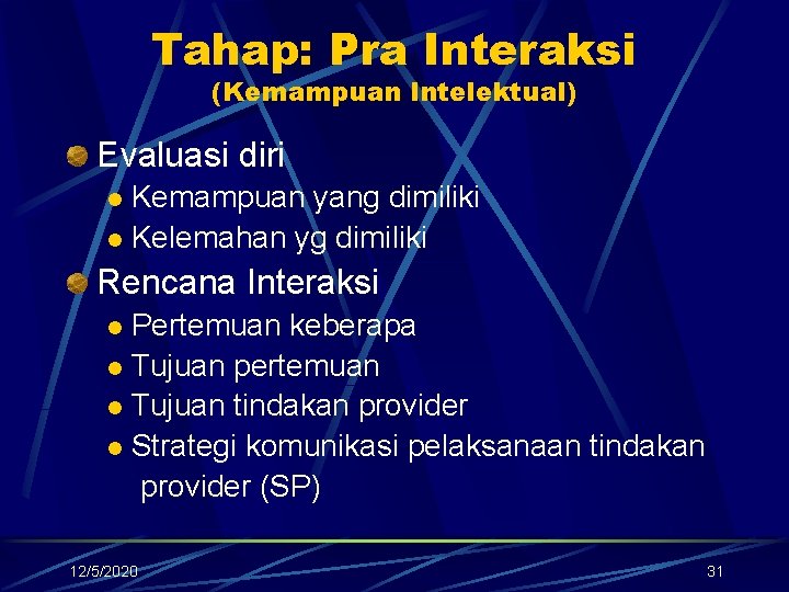 Tahap: Pra Interaksi (Kemampuan Intelektual) Evaluasi diri Kemampuan yang dimiliki l Kelemahan yg dimiliki