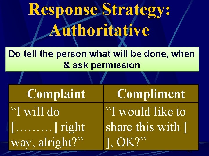 Response Strategy: Authoritative Do tell the person what will be done, when & ask