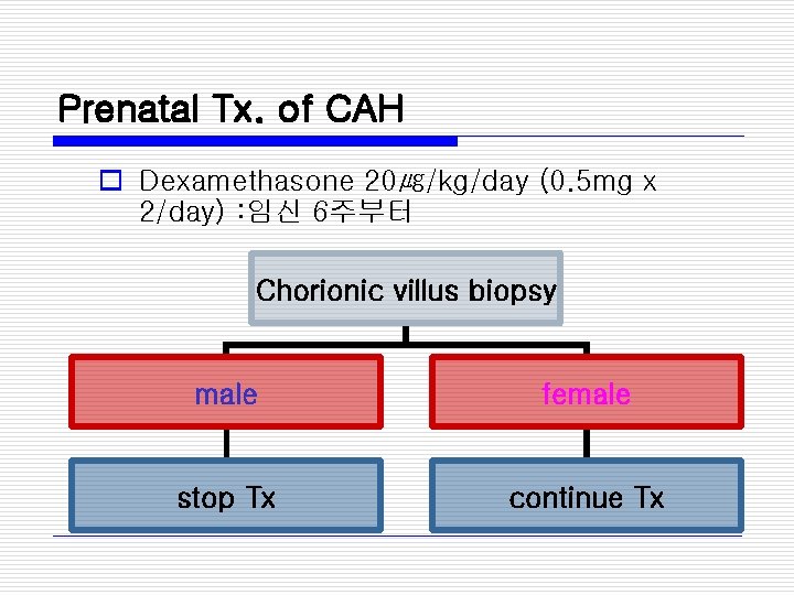 Prenatal Tx. of CAH o Dexamethasone 20㎍/kg/day (0. 5 mg x 2/day) : 임신