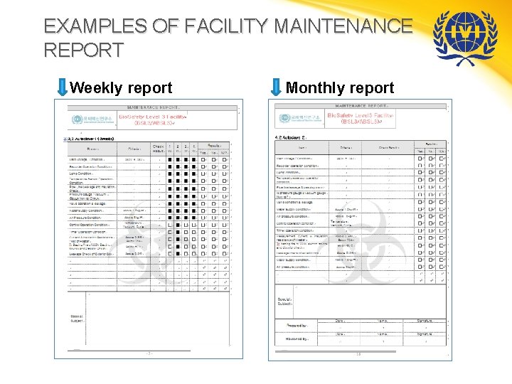 EXAMPLES OF FACILITY MAINTENANCE REPORT Weekly report Monthly report 