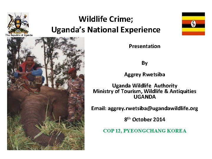 The Republic of Uganda Wildlife Crime; Uganda’s National Experience Presentation By Aggrey Rwetsiba Uganda