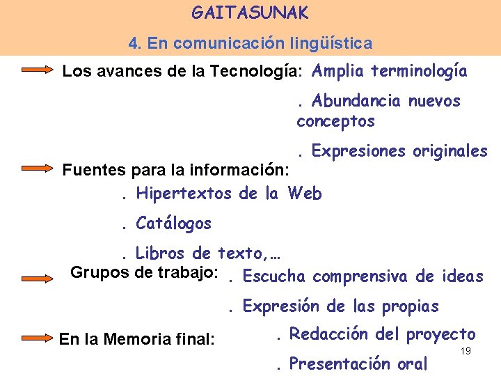 GAITASUNAK 4. En comunicación lingüística Los avances de la Tecnología: . Amplia terminología. Abundancia