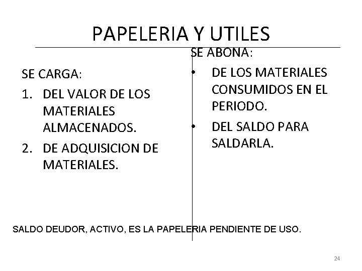 PAPELERIA Y UTILES SE CARGA: 1. DEL VALOR DE LOS MATERIALES ALMACENADOS. 2. DE