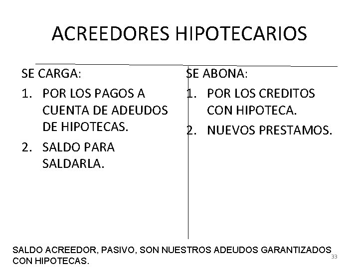 ACREEDORES HIPOTECARIOS SE CARGA: 1. POR LOS PAGOS A CUENTA DE ADEUDOS DE HIPOTECAS.