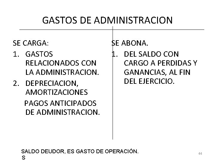 GASTOS DE ADMINISTRACION SE CARGA: 1. GASTOS RELACIONADOS CON LA ADMINISTRACION. 2. DEPRECIACION, AMORTIZACIONES