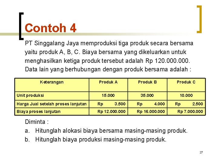 Contoh 4 PT Singgalang Jaya memproduksi tiga produk secara bersama yaitu produk A, B,