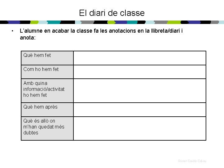 El diari de classe • L’alumne en acabar la classe fa les anotacions en