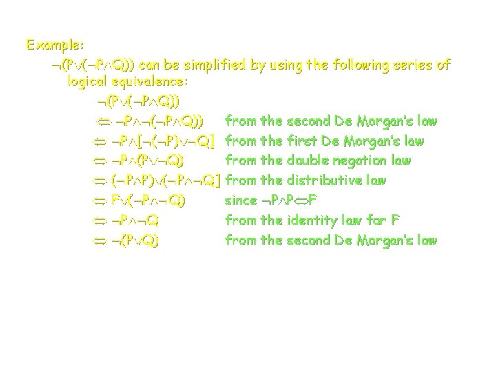 Example: (P ( P Q)) can be simplified by using the following series of