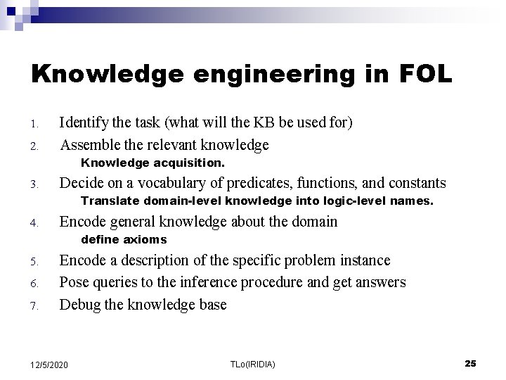 Knowledge engineering in FOL 1. 2. Identify the task (what will the KB be Knowledge engineering in FOL 1. 2. Identify the task (what will the KB be