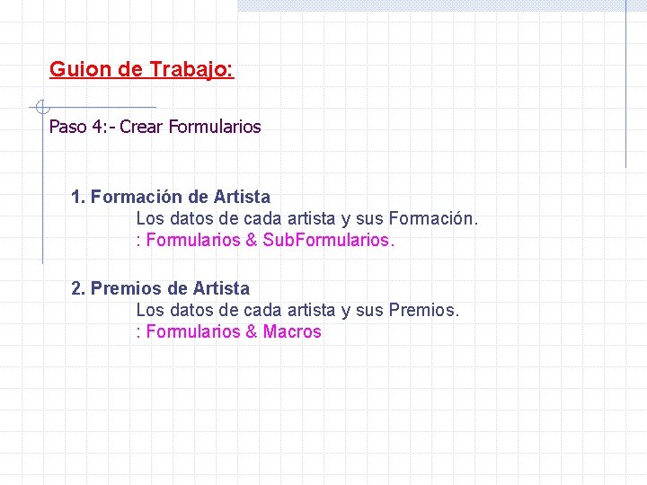 Guion de Trabajo: Paso 4: - Crear Formularios 1. Formación de Artista Los datos