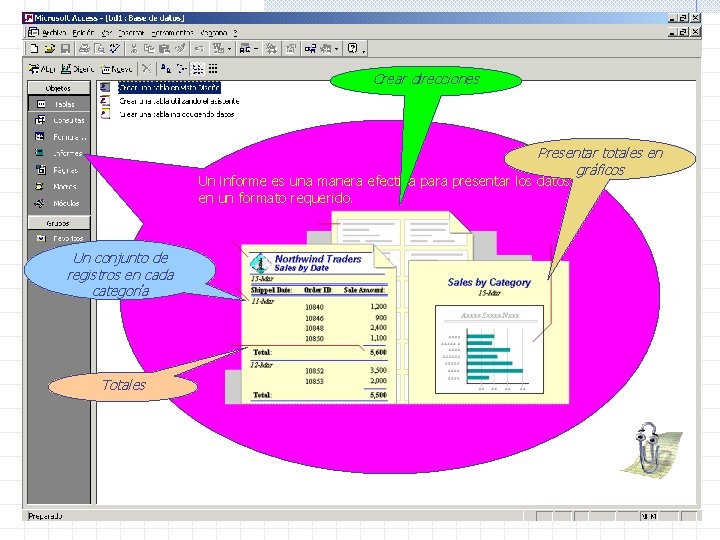 Crear direcciones Presentar totales en gráficos Un informe es una manera efectiva para presentar