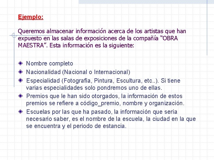 Ejemplo: Queremos almacenar información acerca de los artistas que han expuesto en las salas