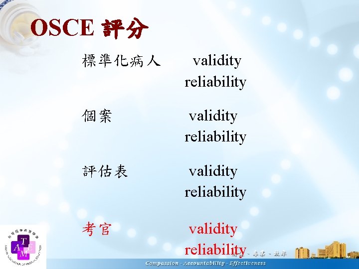OSCE 評分 標準化病人 validity reliability 個案 validity reliability 評估表 validity reliability 考官 validity reliability