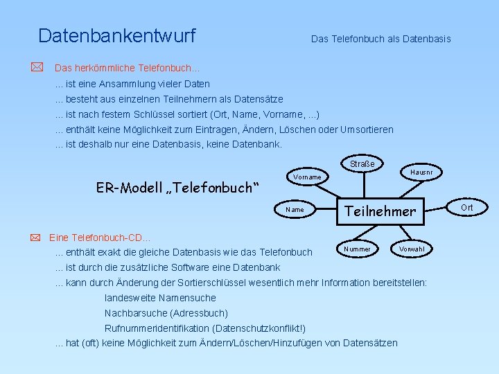 Datenbankentwurf Das Telefonbuch als Datenbasis * Das herkömmliche Telefonbuch. . . ist eine Ansammlung