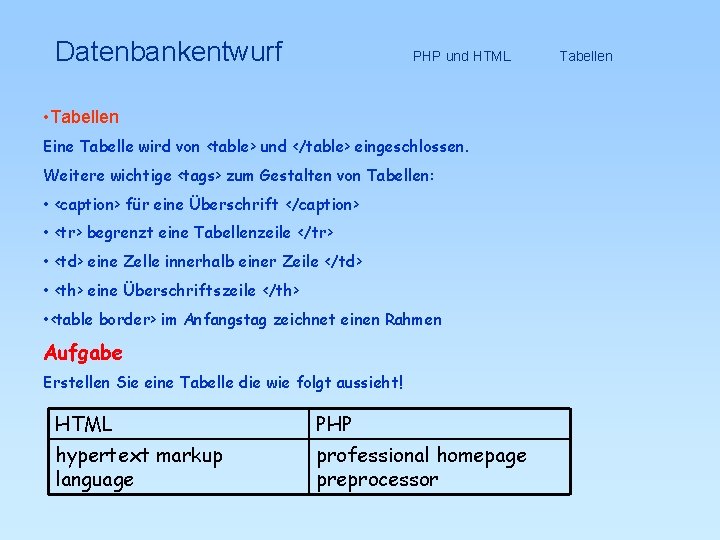 Datenbankentwurf PHP und HTML • Tabellen Eine Tabelle wird von <table> und </table> eingeschlossen.