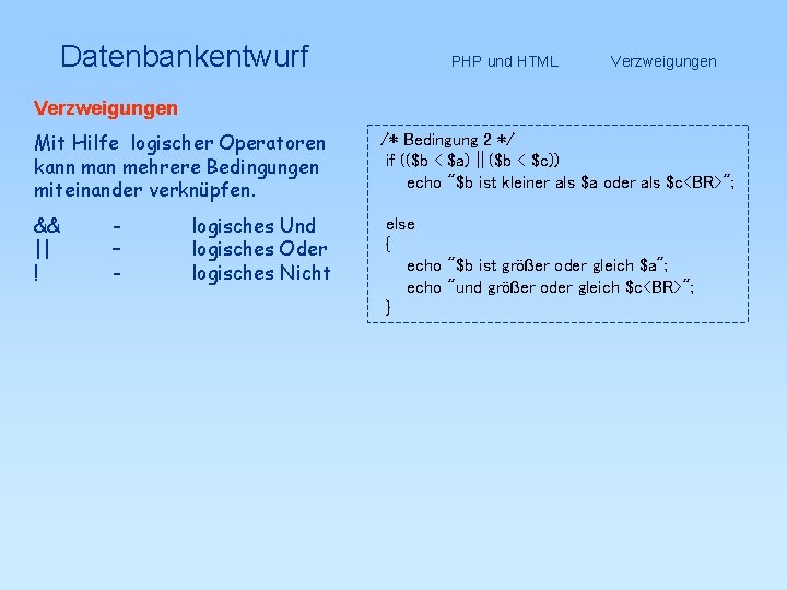 Datenbankentwurf Mit Hilfe logischer Operatoren kann man mehrere Bedingungen miteinander verknüpfen. – - Verzweigungen