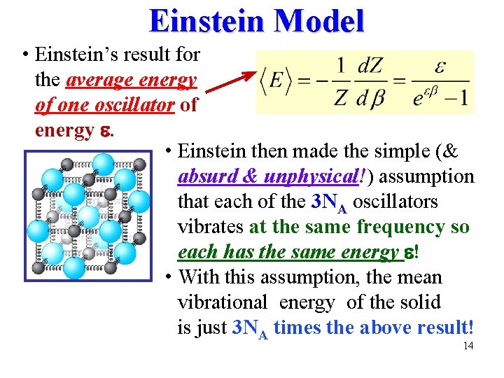 Einstein Model • Einstein’s result for the average energy of one oscillator of energy