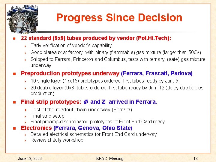 Progress Since Decision 22 standard (9 x 9) tubes produced by vendor (Pol. Hi.