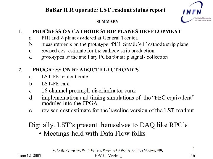 Digitally, LST’s present themselves to DAQ like RPC’s • Meetings held with Data Flow