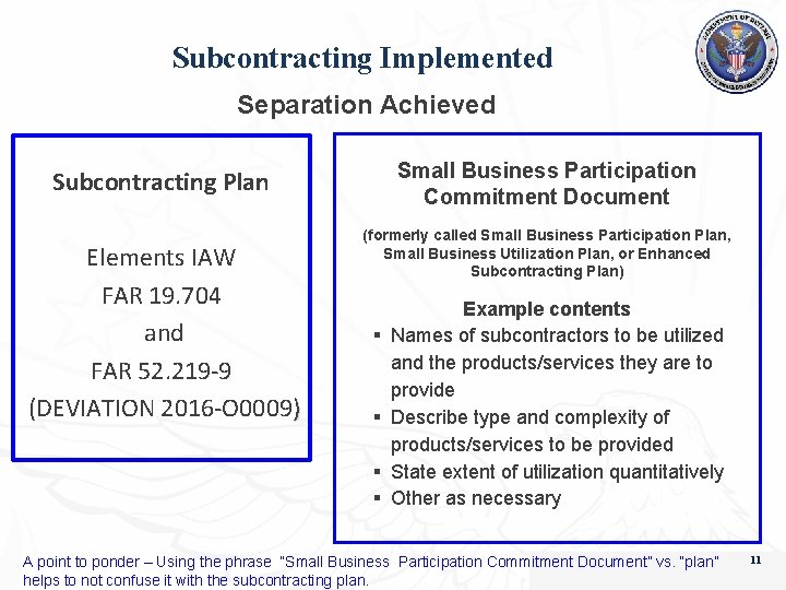 Subcontracting Implemented Separation Achieved Small Business Participation Commitment Document Subcontracting Plan Elements IAW FAR