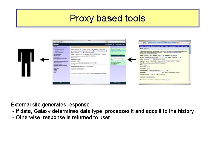 Proxy based tools External site generates response - If data, Galaxy determines data type,