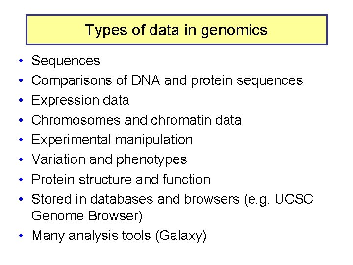 Types of data in genomics • • Sequences Comparisons of DNA and protein sequences