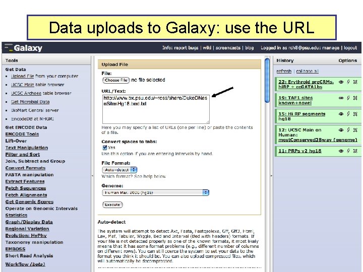 Data uploads to Galaxy: use the URL 