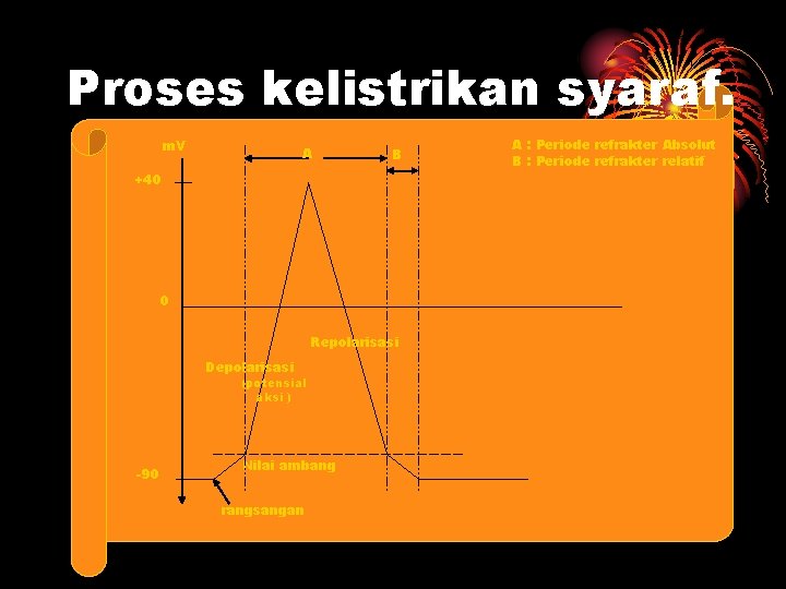 Proses kelistrikan syaraf. m. V A B +40 0 Repolarisasi Depolarisasi (potensial aksi )